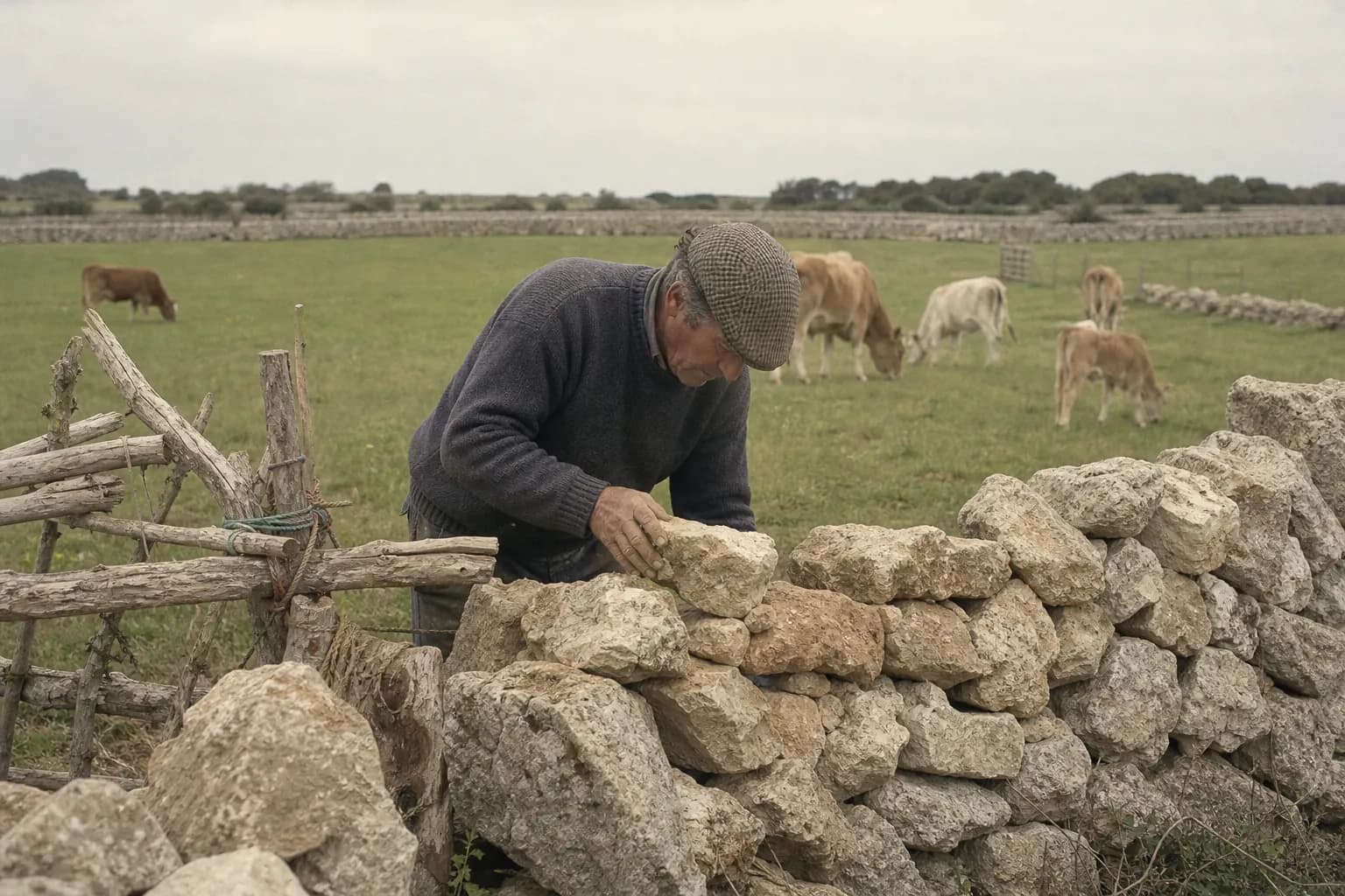 A farmer repairs a dry stone wall by hand beside a field near Es Migjorn Gran