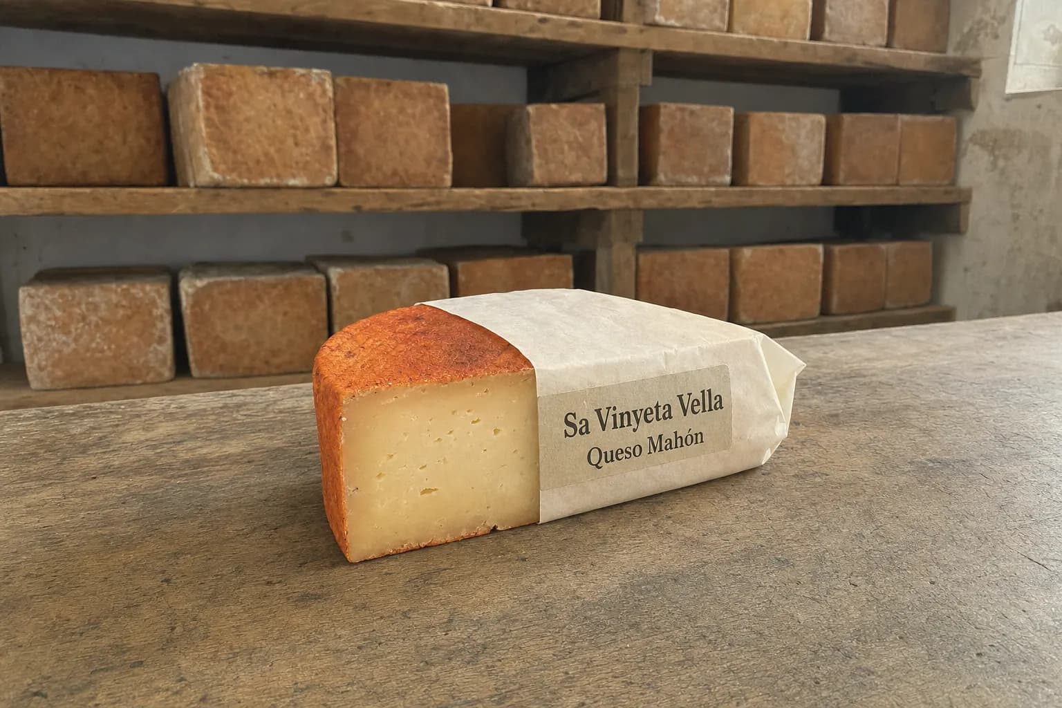 Wedge of Sa Vinyeta Vella Mahón cheese on a table with cheeses curing behind