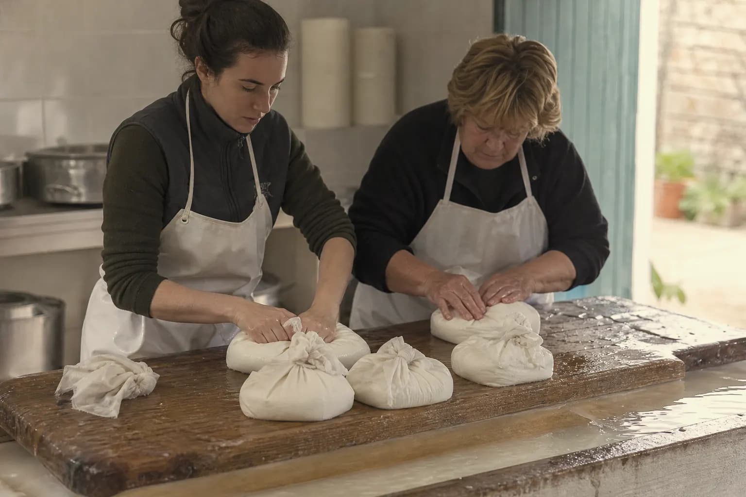 Joana Pons and a helper press the curd in cloths to give it a square shape