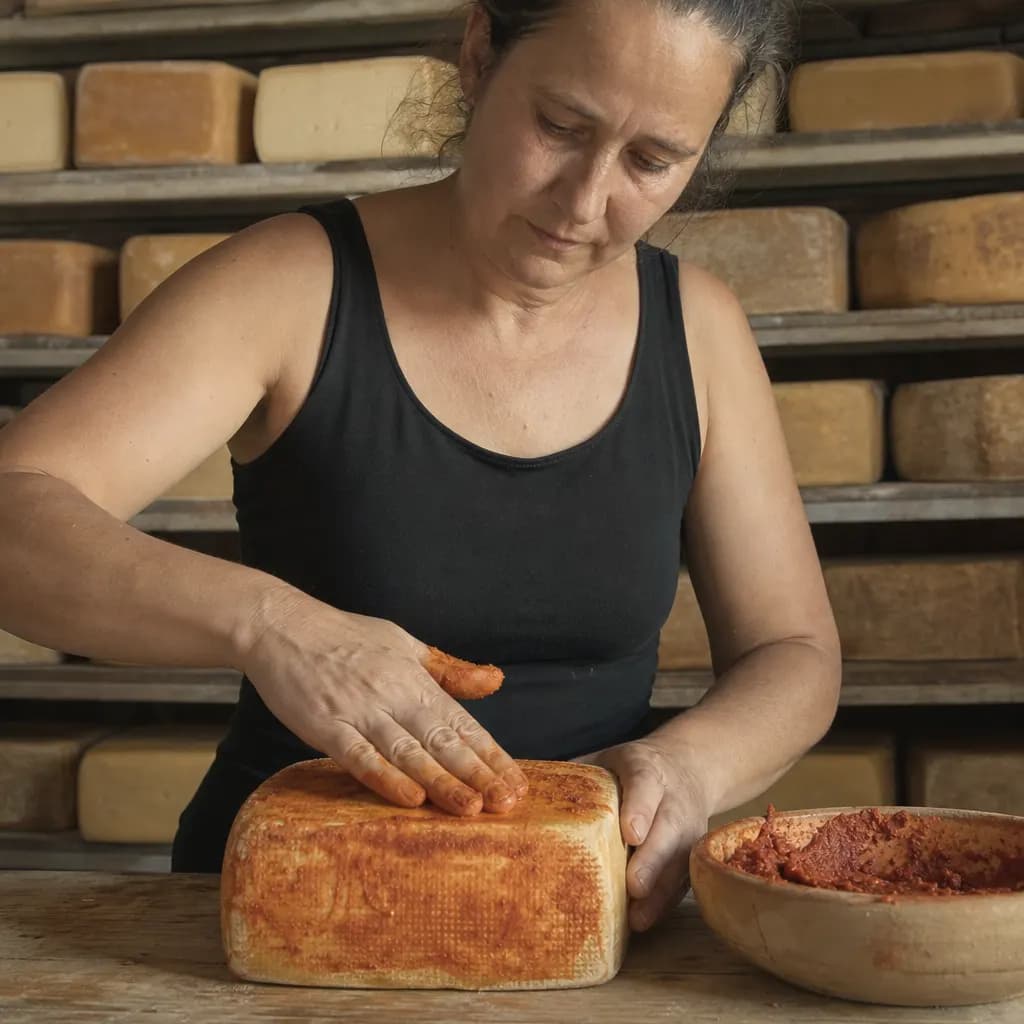 Joana Pons rubs oil and paprika into a cheese rind