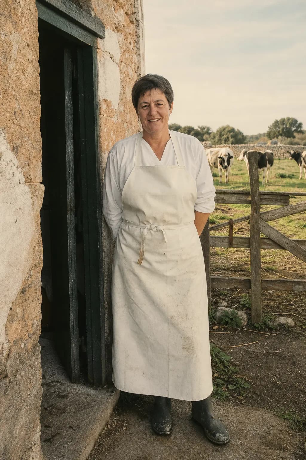 Joana Pons, cheesemaker, aged 42, at the door of her dairy in Es Migjorn Gran
