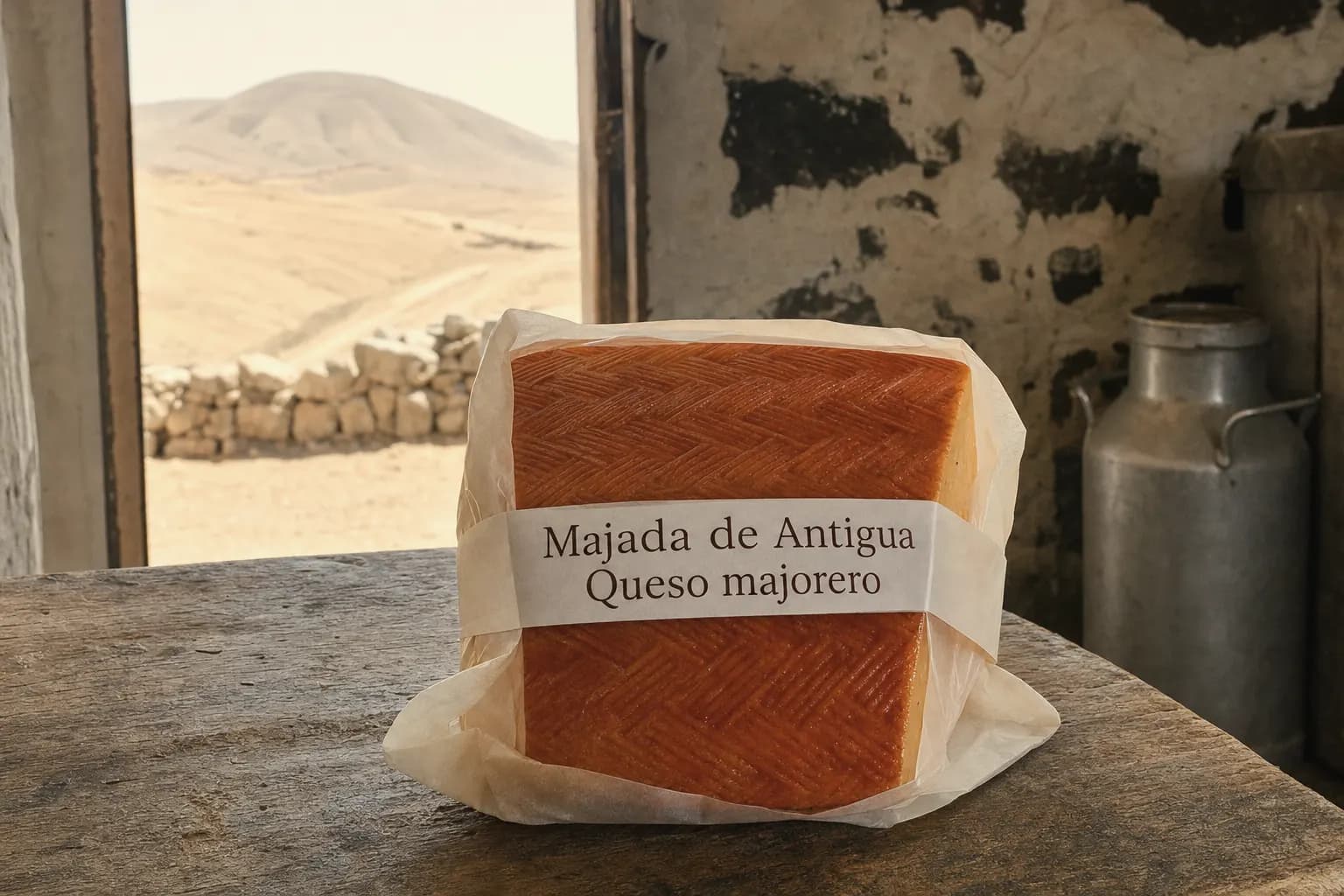 Wedge of Majada de Antigua majorero cheese on a table with volcanoes behind