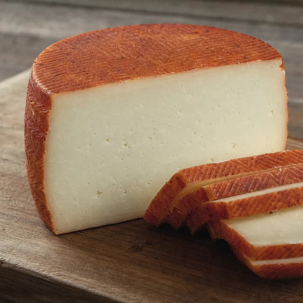 Wedge of majorero cheese with white paste and red paprika rind