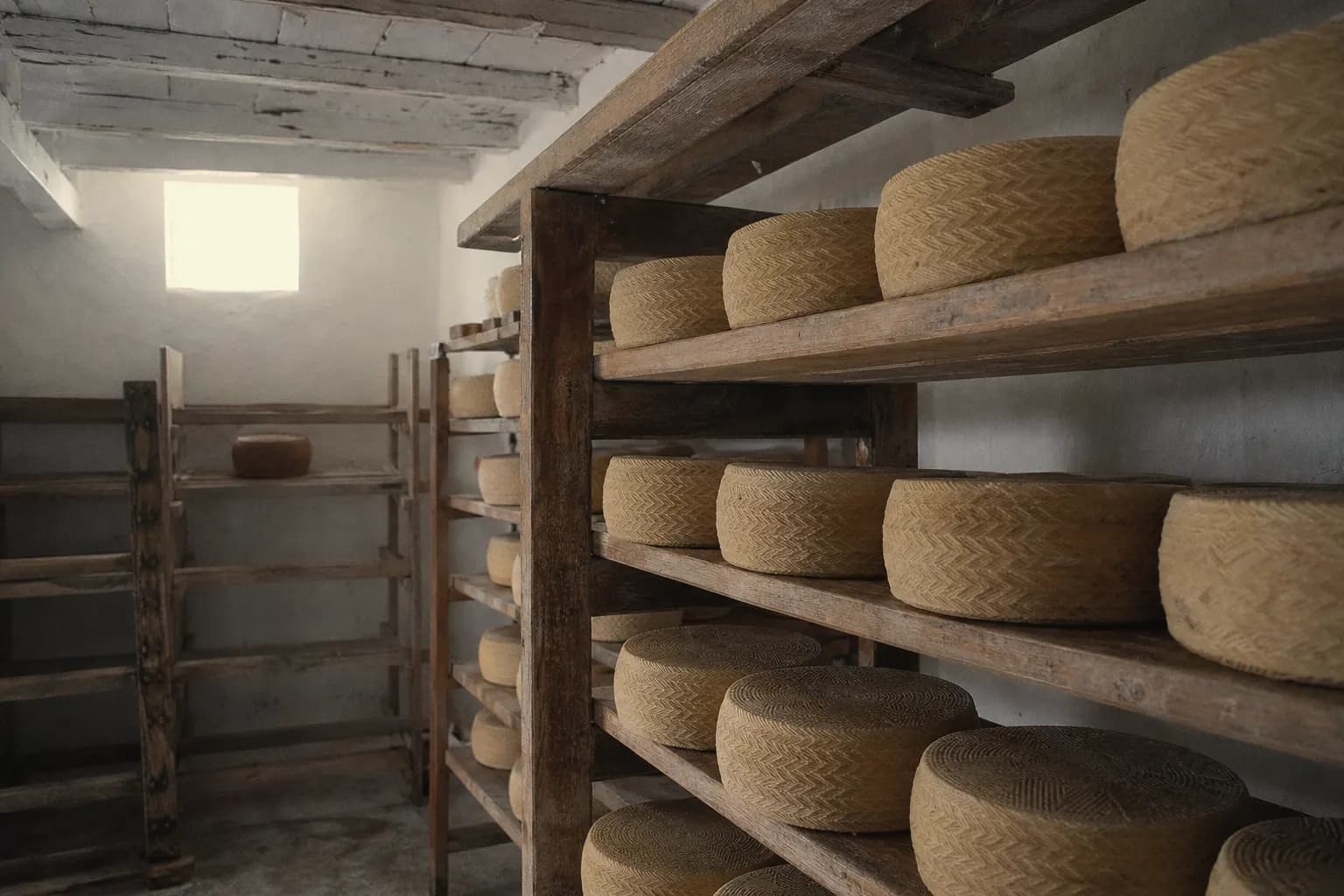 Majorero cheeses curing on wooden shelves in the dairy