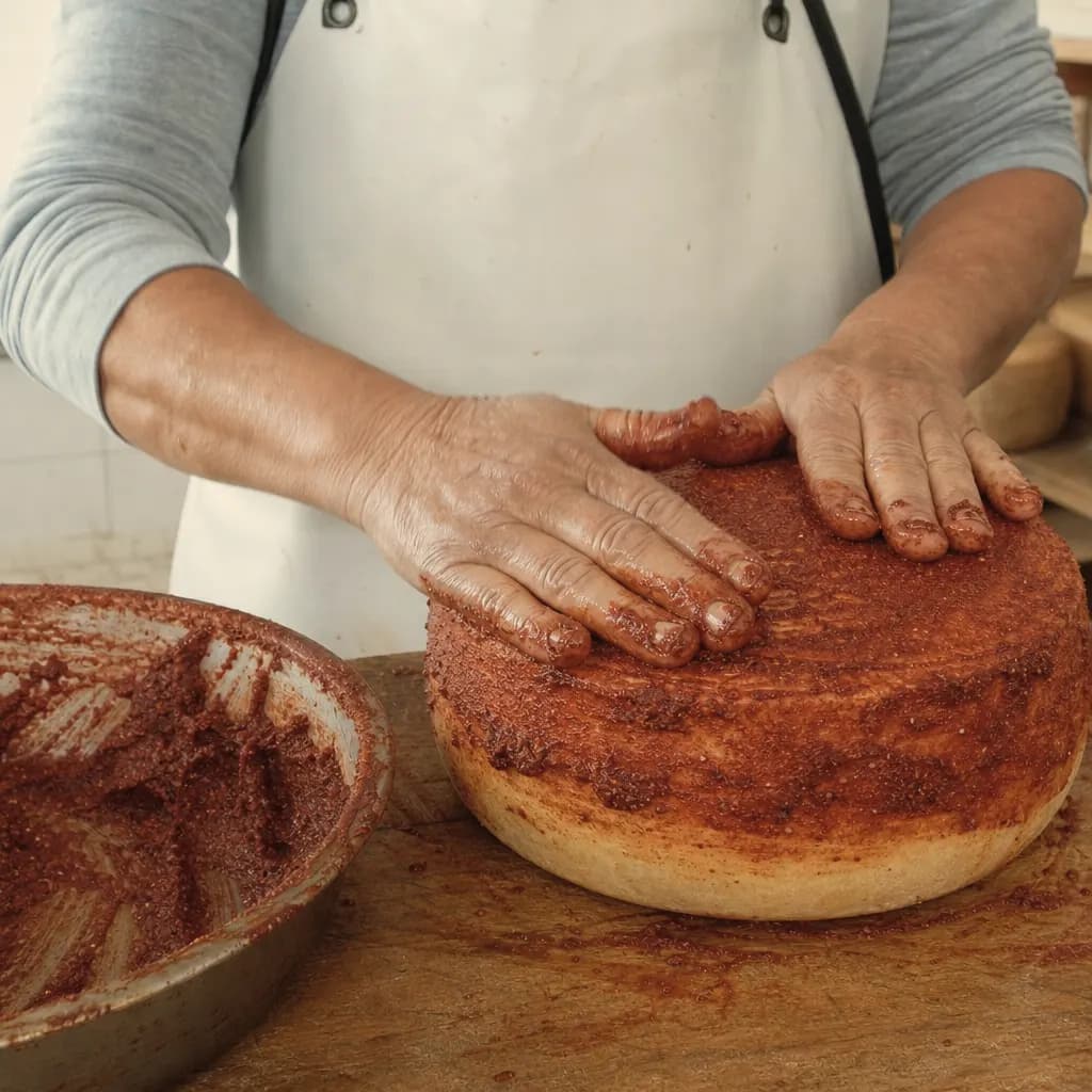 Nayra rubs paprika and oil into the rind of a majorero cheese