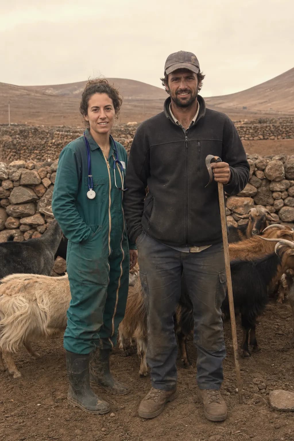 Nayra and Echedey beside the corral of majorera goats in Antigua