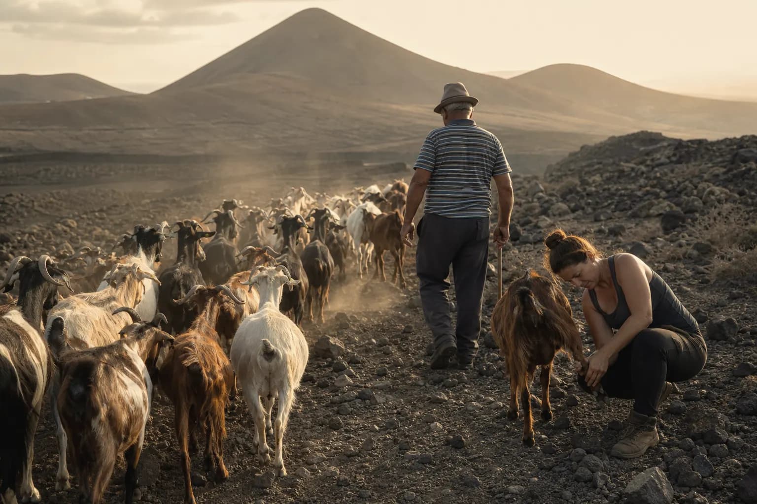 Echedey herds the goats across the lava field as Nayra checks a hoof