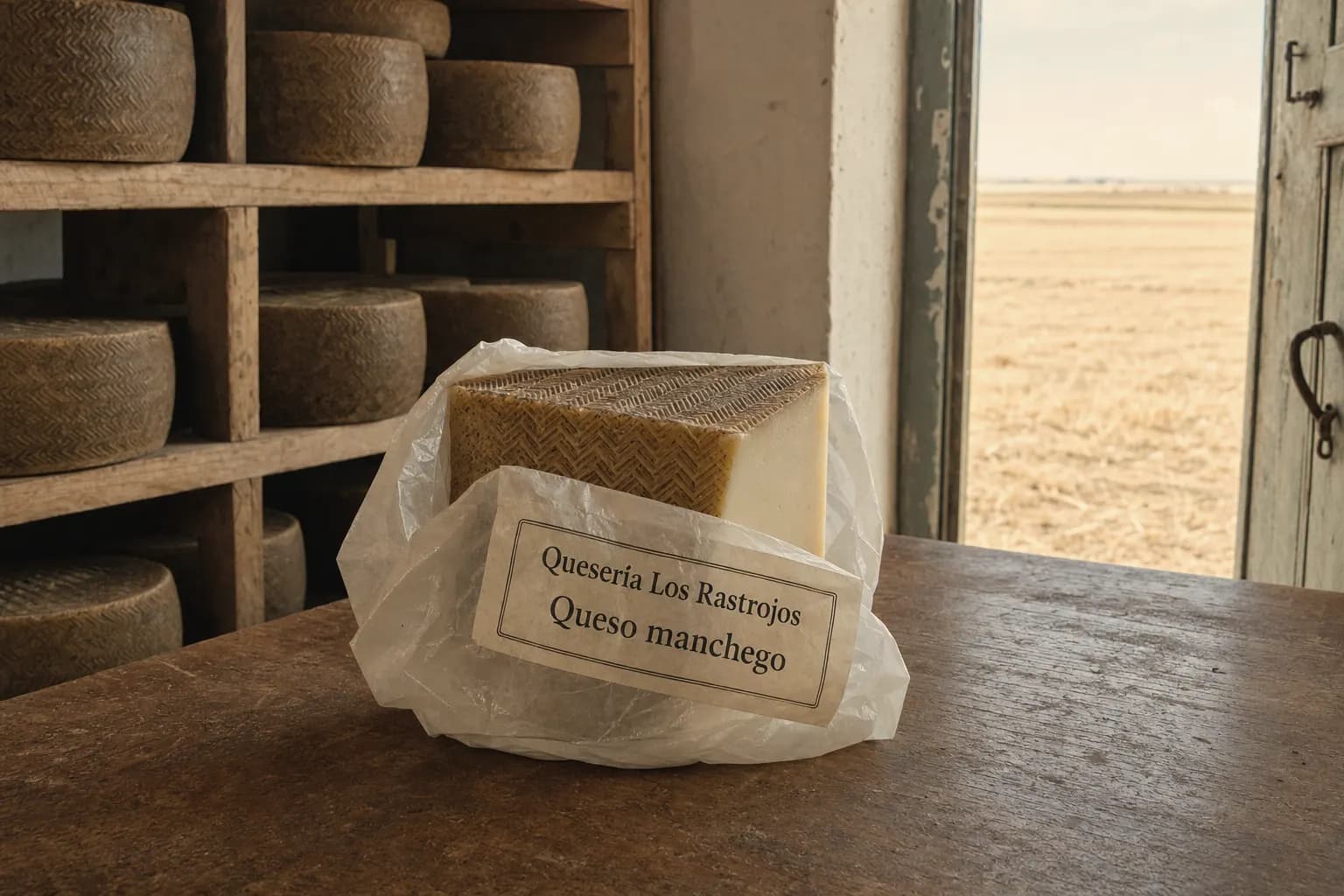 Wedge of Quesería Los Rastrojos manchego cheese on a dairy table
