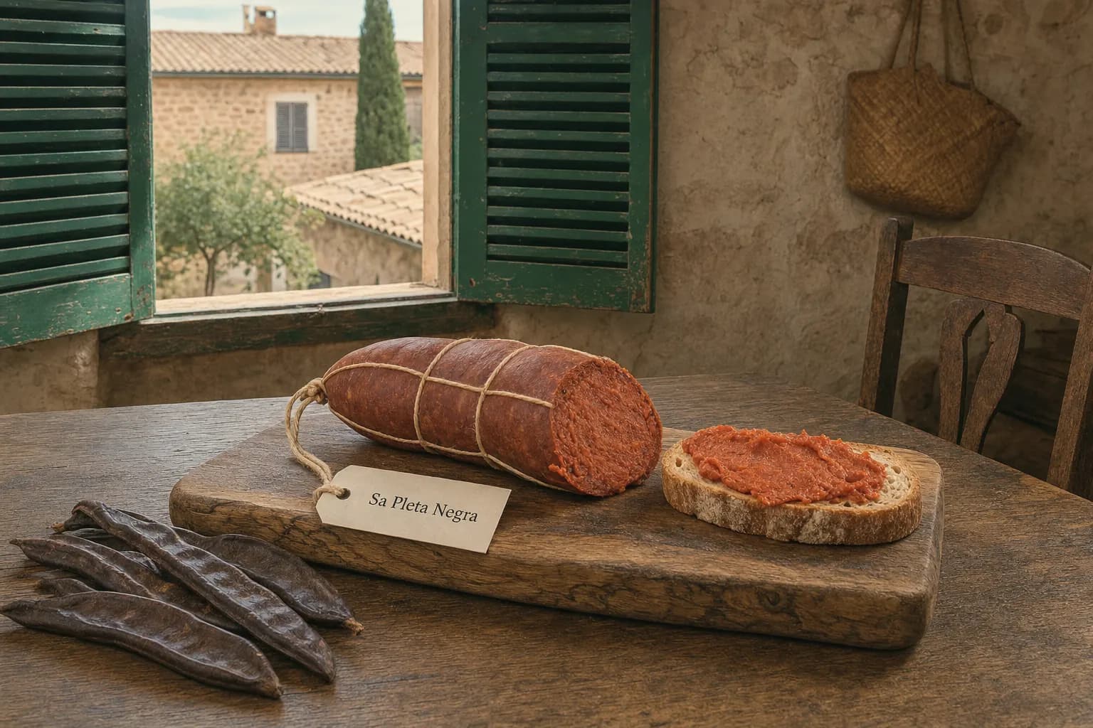 Piece of Sa Pleta Negra sobrasada on an olive wood board in a Porreres kitchen