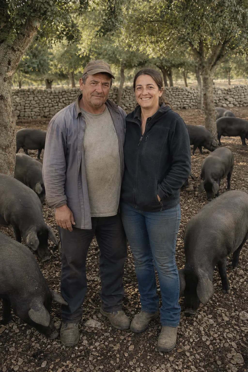 Biel Oliver and his daughter Xisca among carob trees with black pigs in Porreres