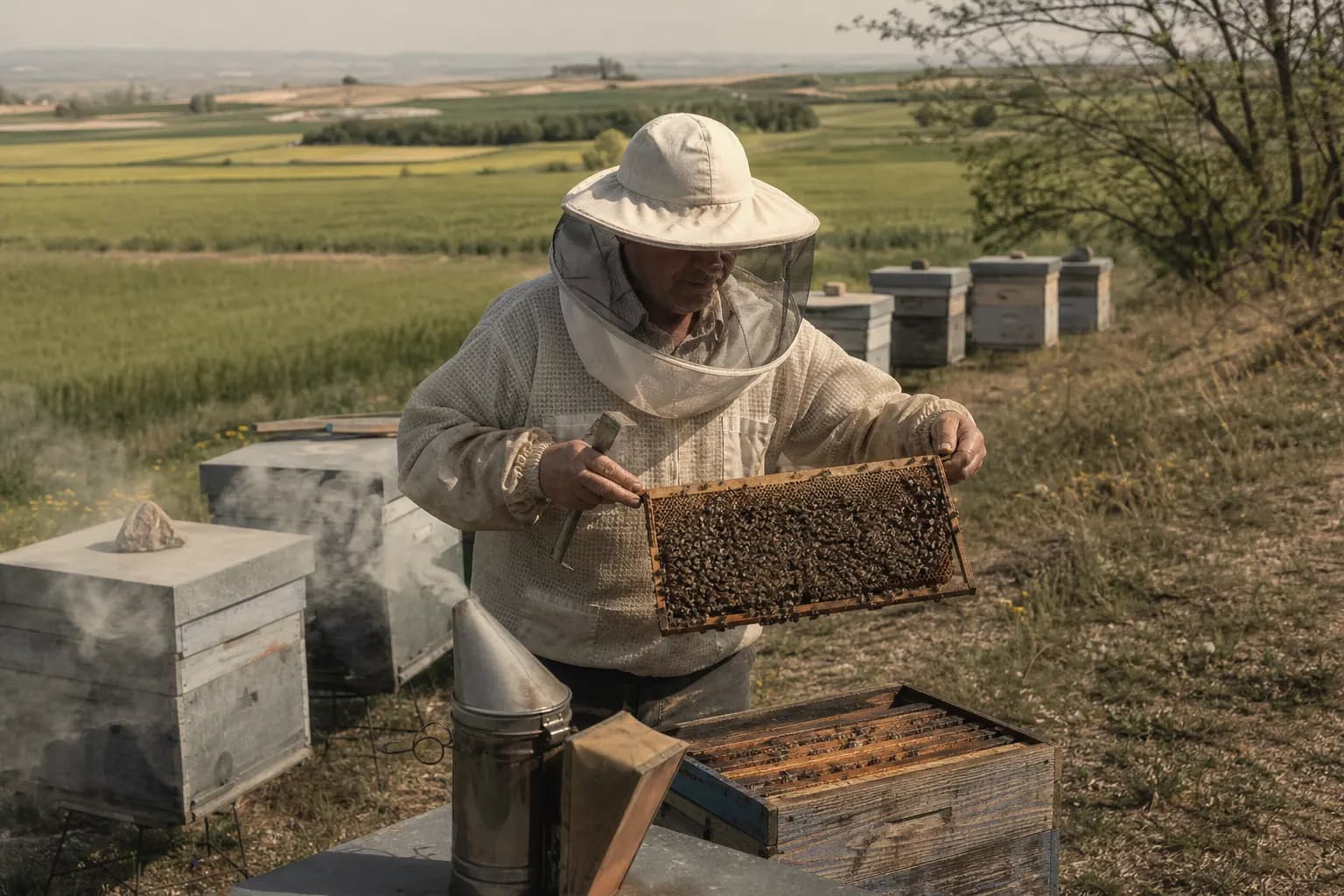 A beekeeper checks a hive beside the cereal fields of the Segarra