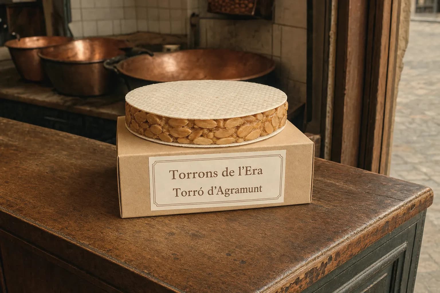 Round Torrons de l'Era torró on its box on the counter of the Agramunt workshop