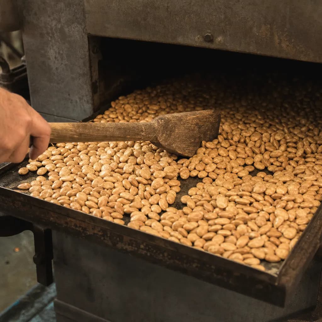 Whole marcona almonds roasting on an oven tray