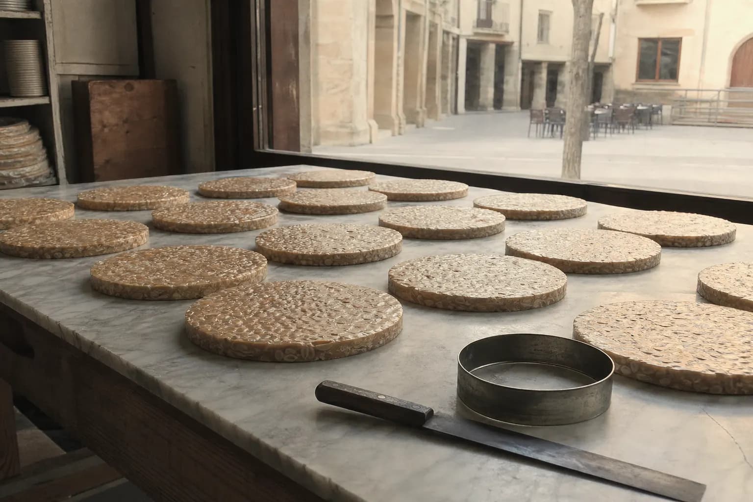 Round torró tablets cooling on the marble table