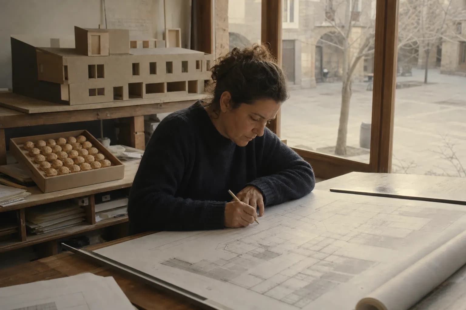 Clara Solé works on house plans with torrons on a shelf beside her