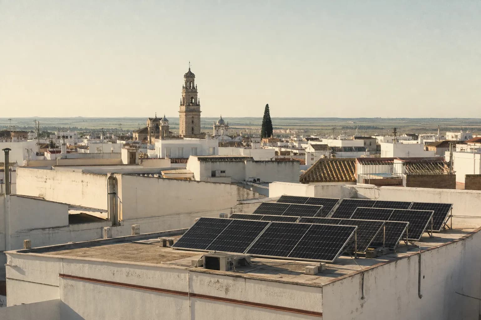 Solar panels on the bakery roof among the white rooftops of Carmona