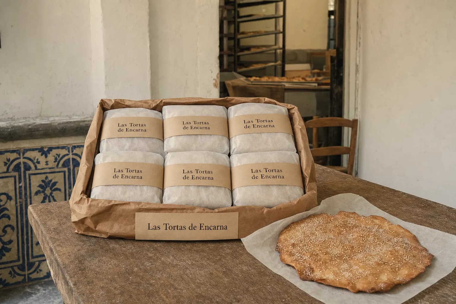 Pack of Las Tortas de Encarna olive oil tortas with one unwrapped on the table