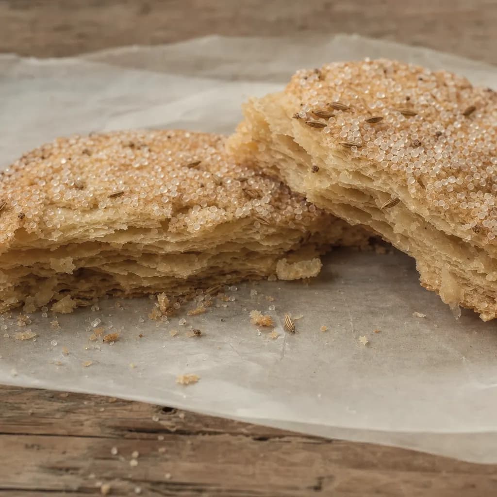 Olive oil torta broken in half showing thin layers, aniseed and sesame