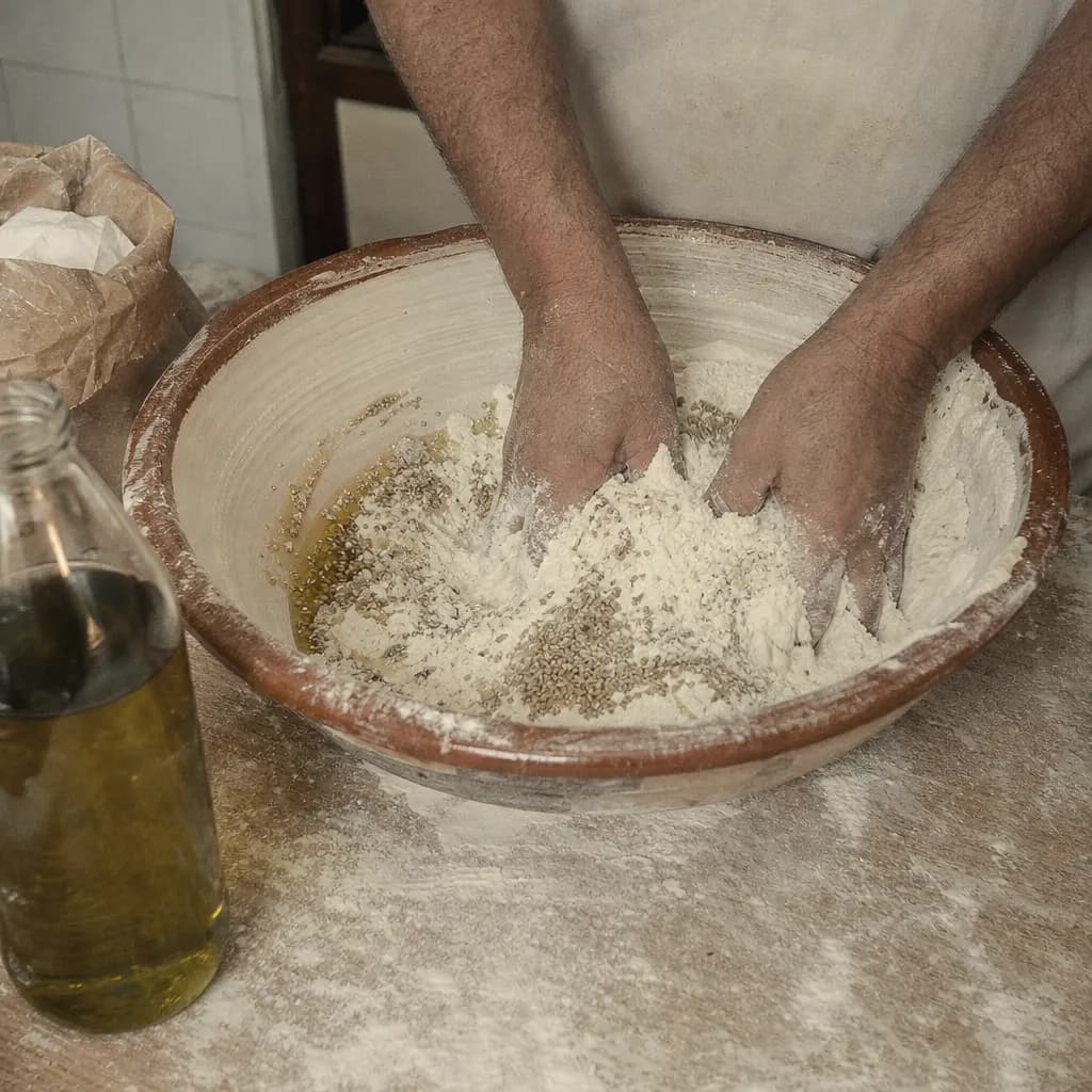 Hands knead flour with olive oil, aniseed and sesame