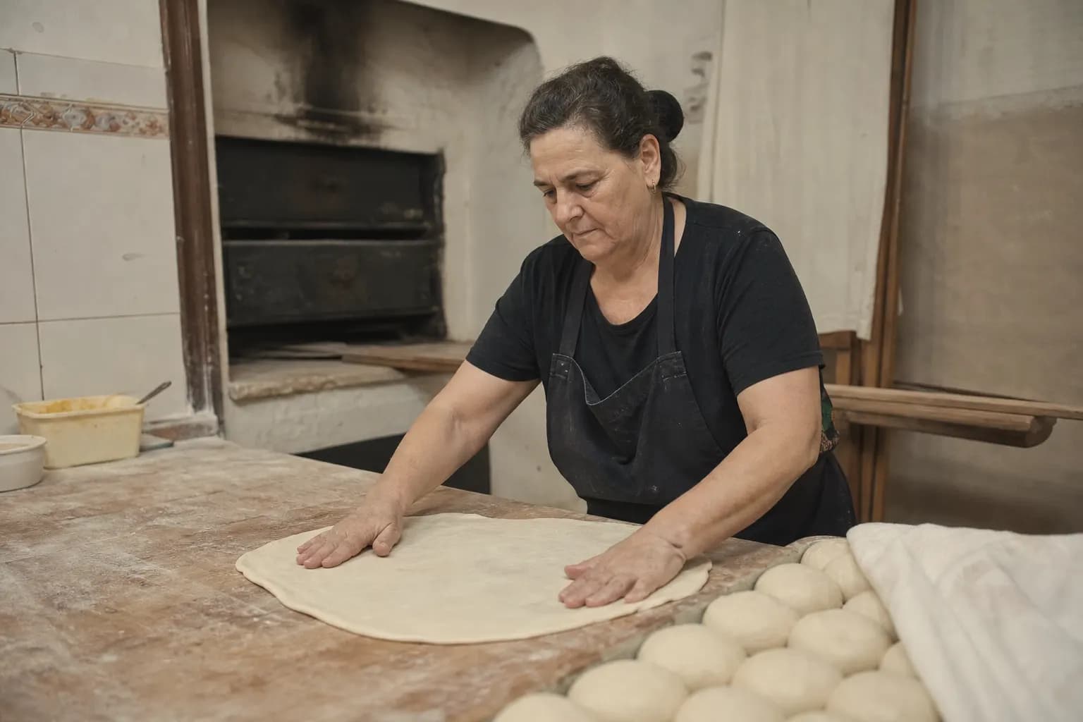 Encarna Rivas stretches each ball of dough by hand on the table