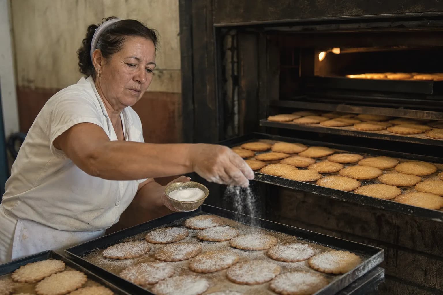 A baker sprinkles sugar on the tortas and puts them in the oven
