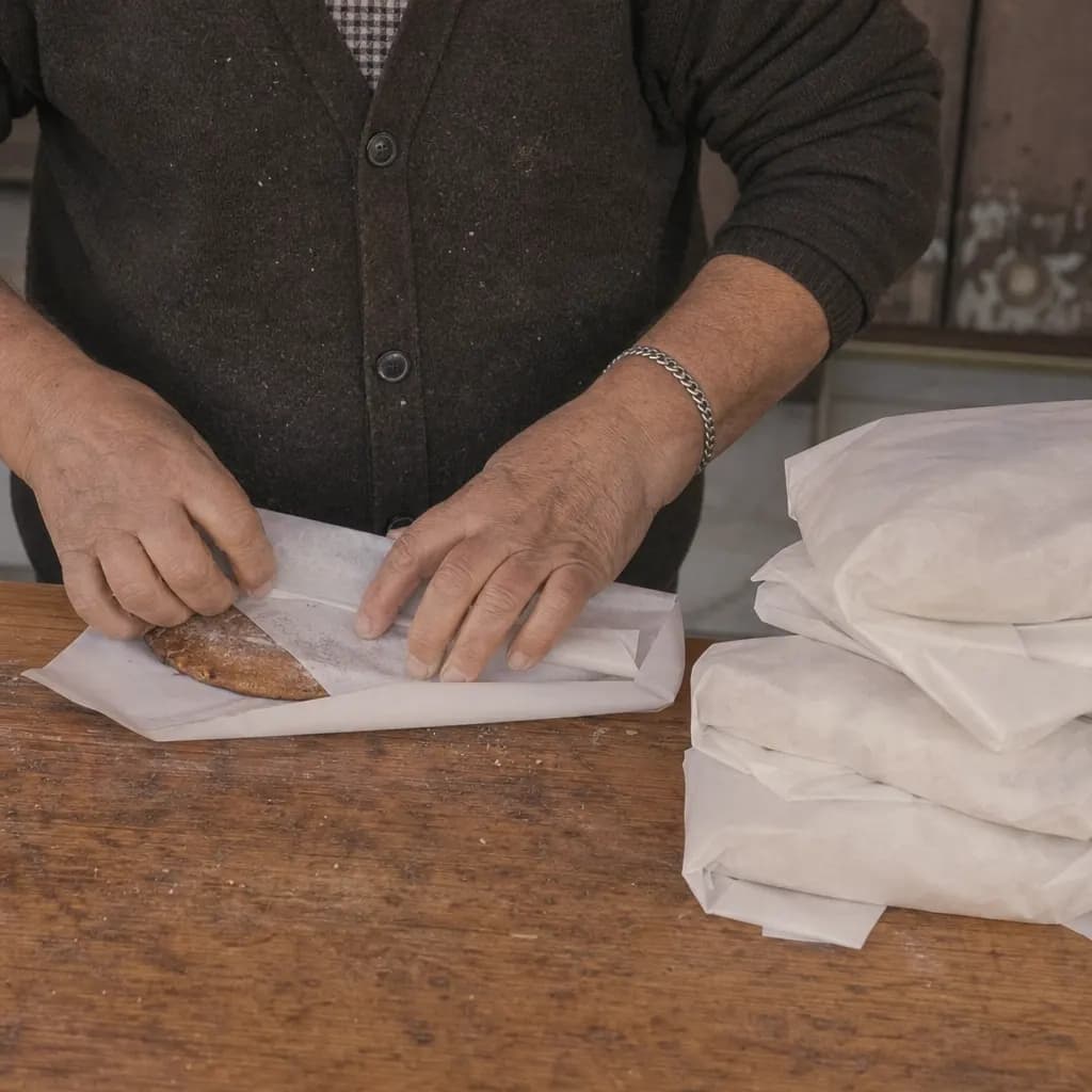 Hands wrap each torta in waxed paper one by one