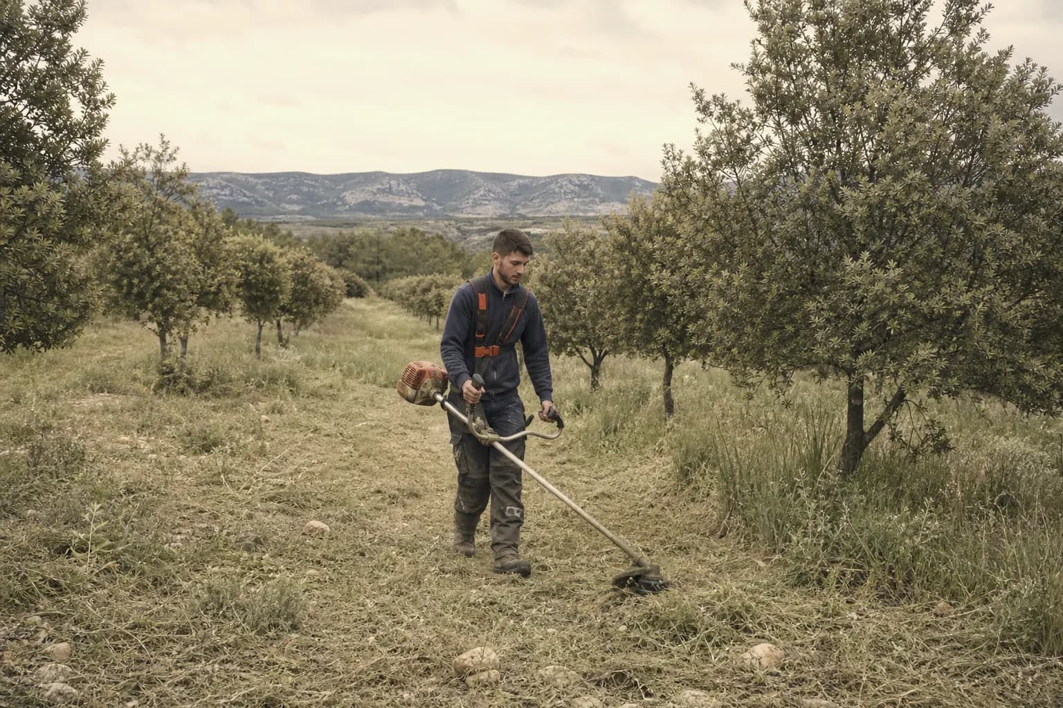 A brush cutter clears weeds between rows of oaks without herbicide