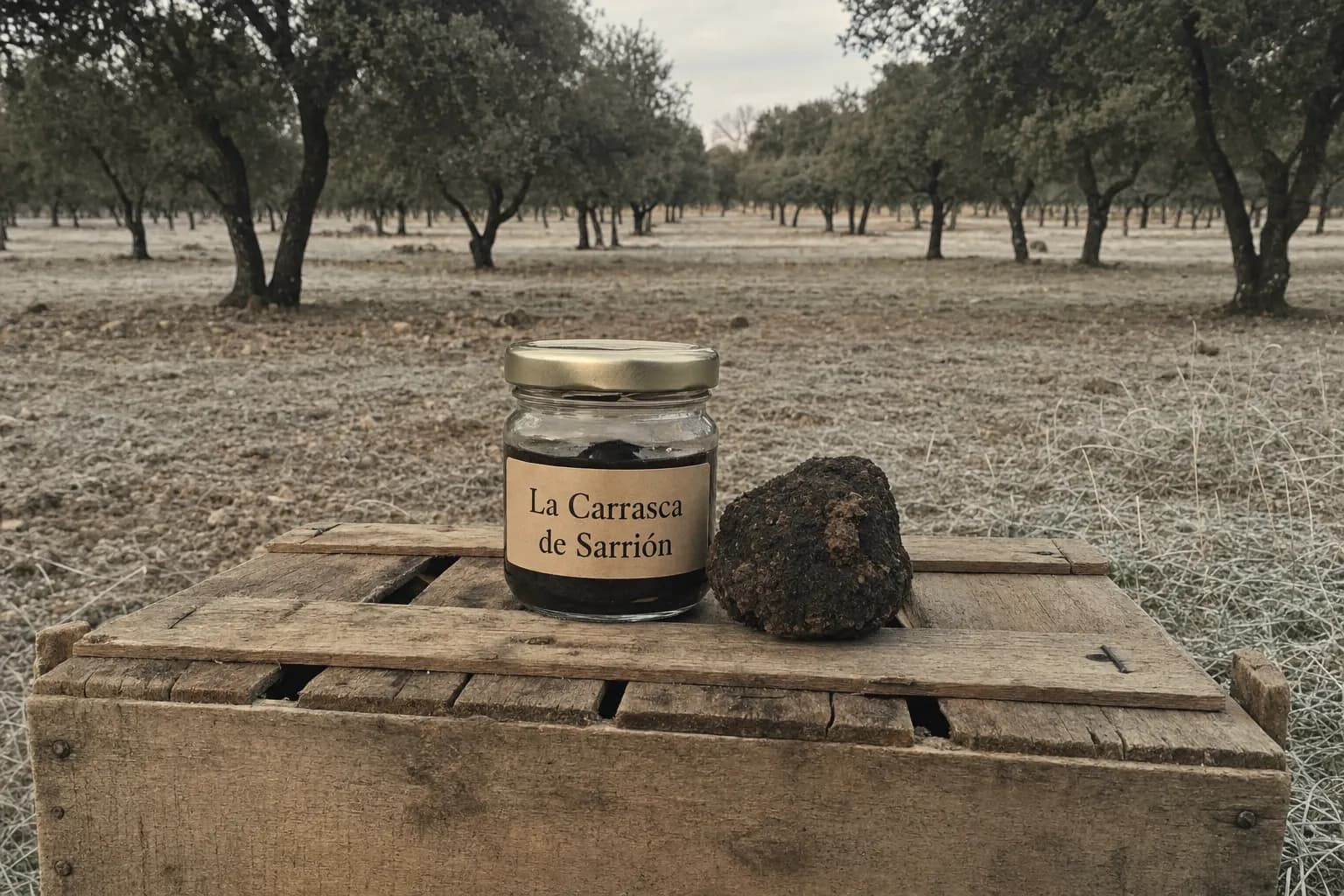 Jar of La Carrasca de Sarrión black truffle on a crate among frosty truffle oaks