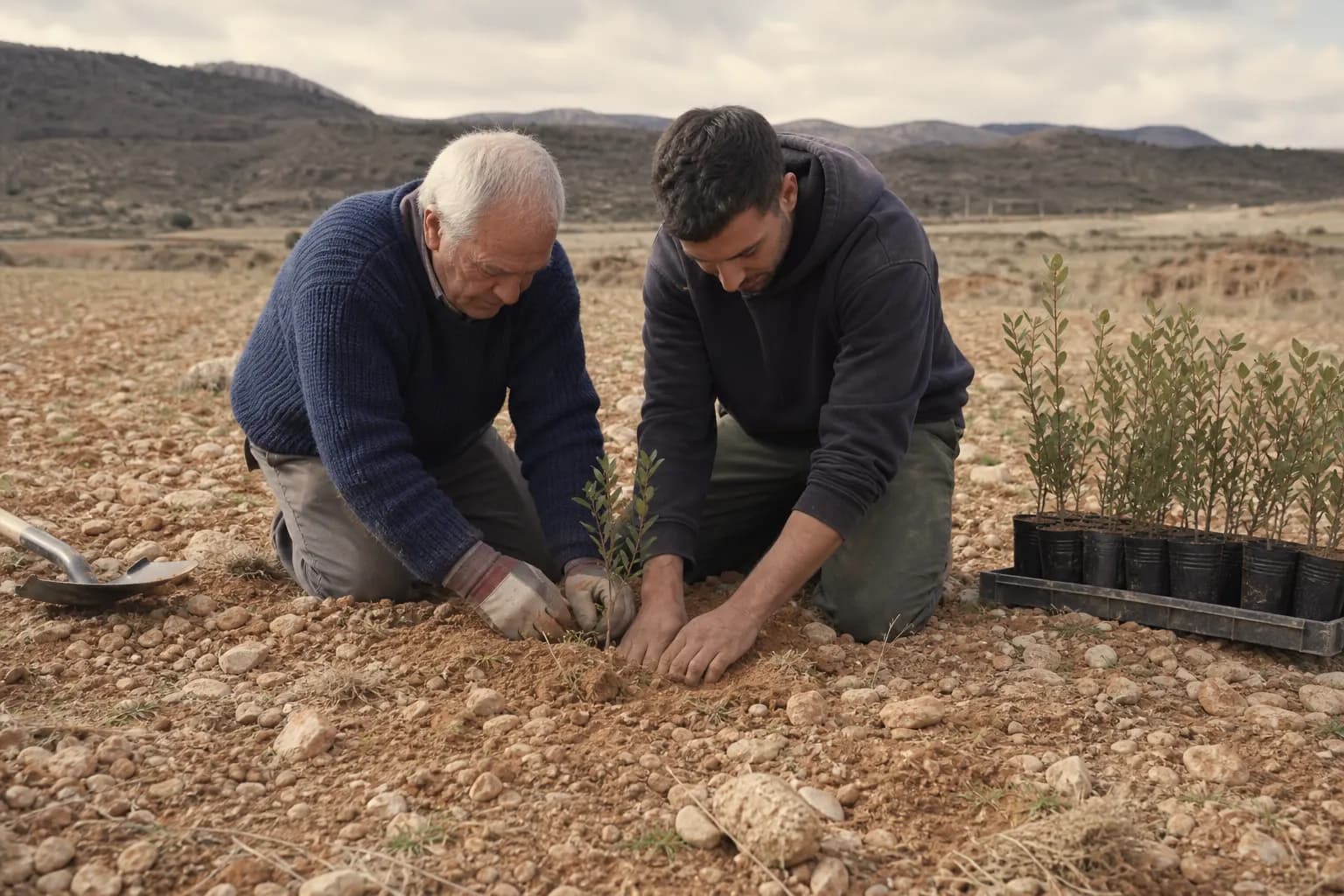 Fermín and Rubén Gil plant a young inoculated holm oak in Sarrión