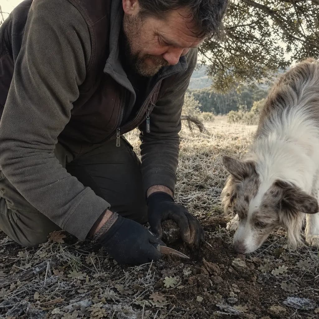 Rubén Gil digs out a truffle with a short blade where Kira has marked