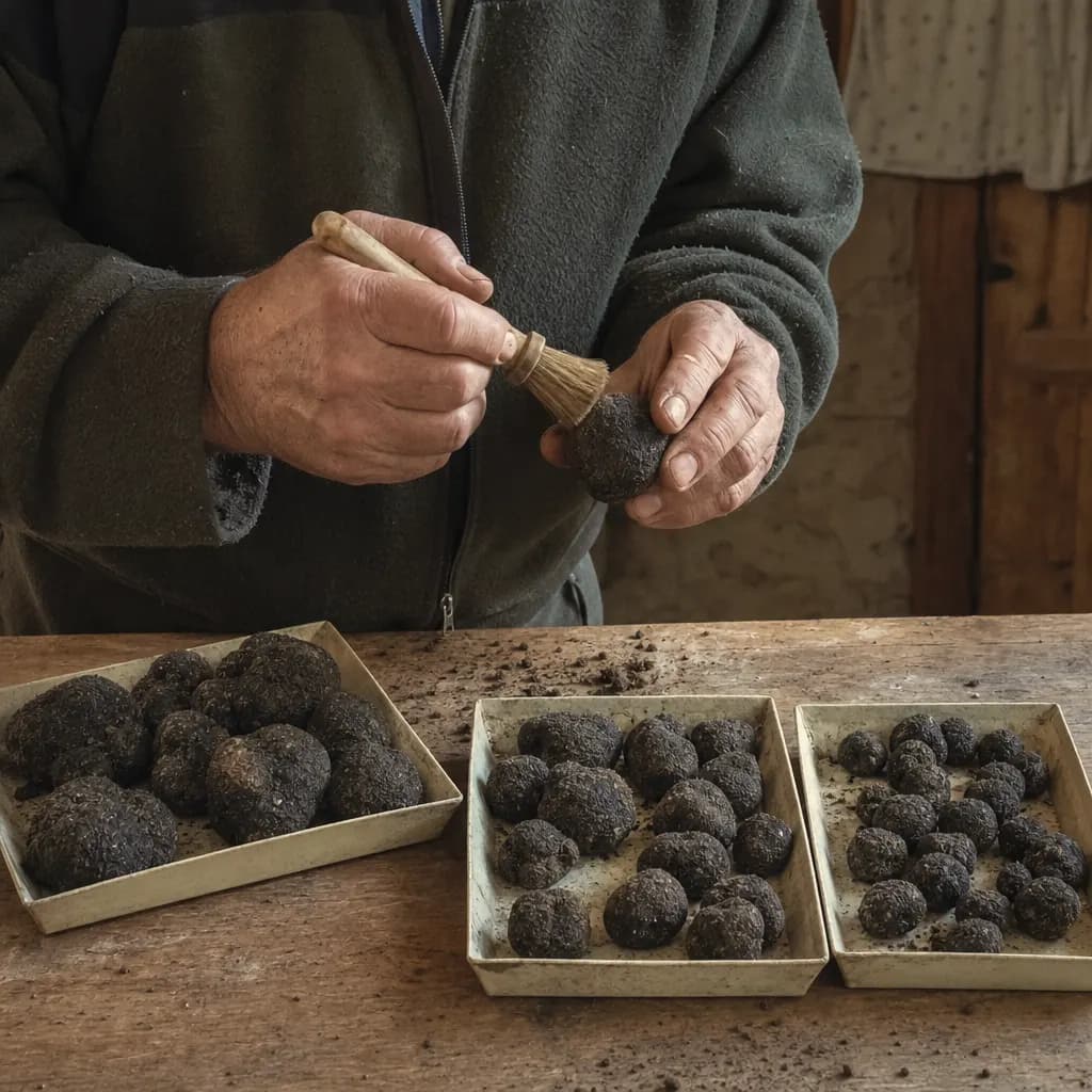 Hands dry brushing black truffles and sorting them by size