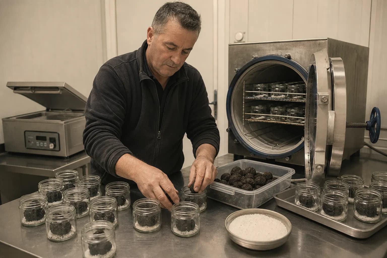 Rubén Gil puts whole truffles into small jars before sterilising them