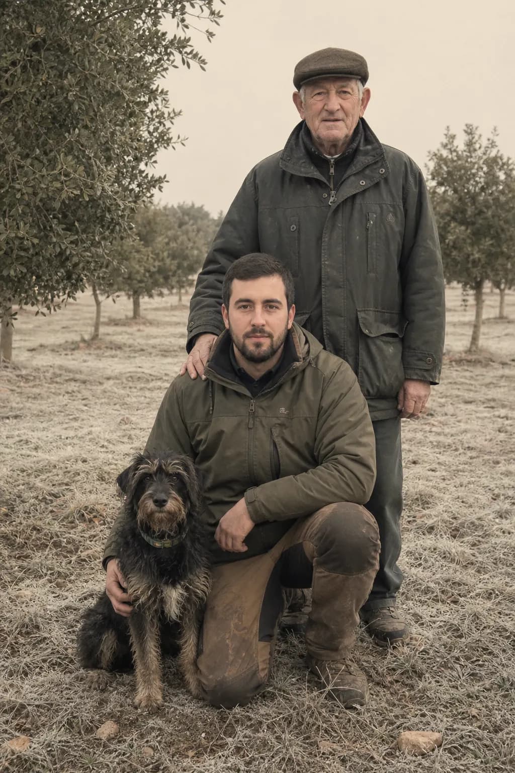 Rubén Gil with his dog Kira and Fermín among the truffle oaks in Sarrión
