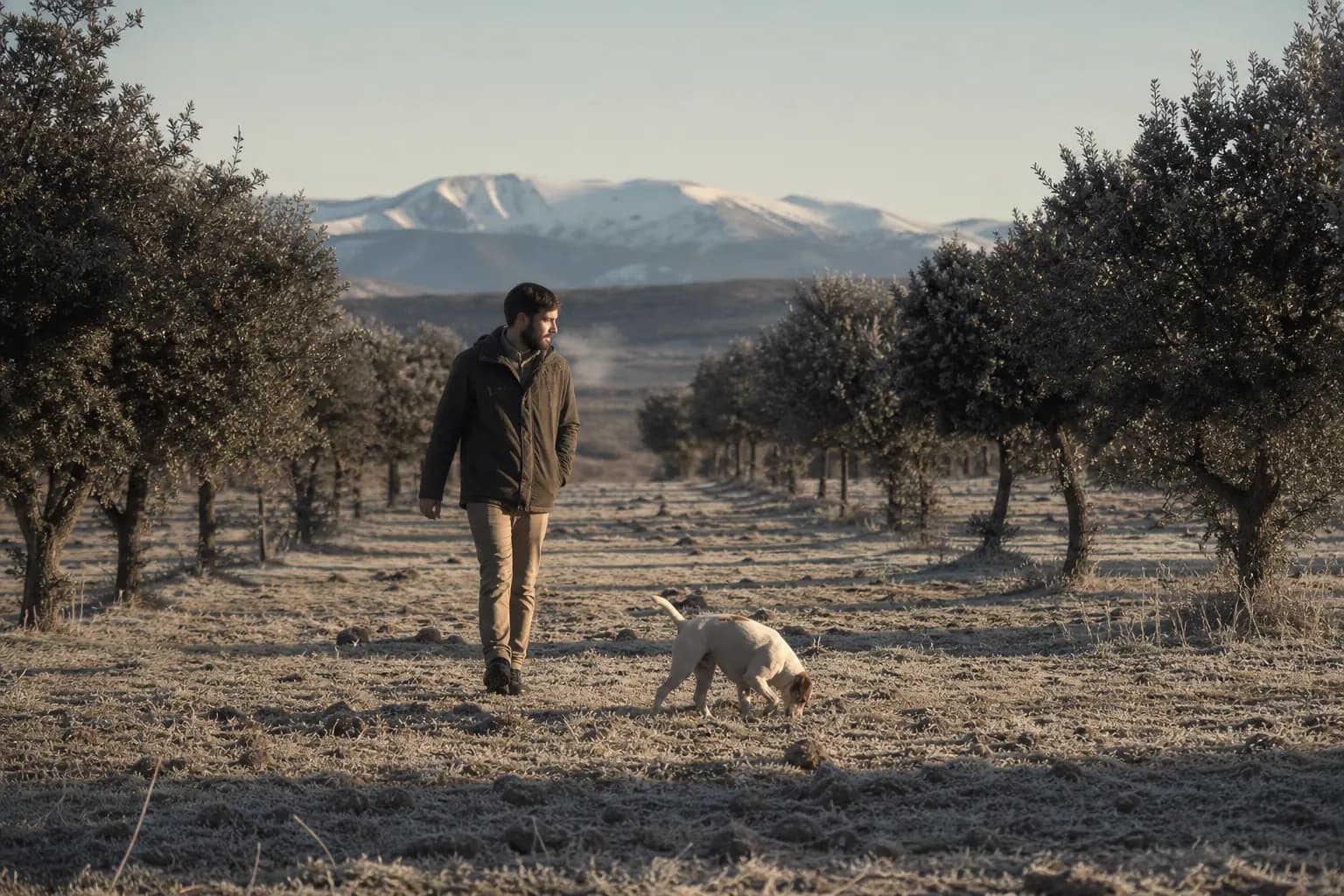 Rubén Gil follows his dog Kira between the truffle oaks at dawn