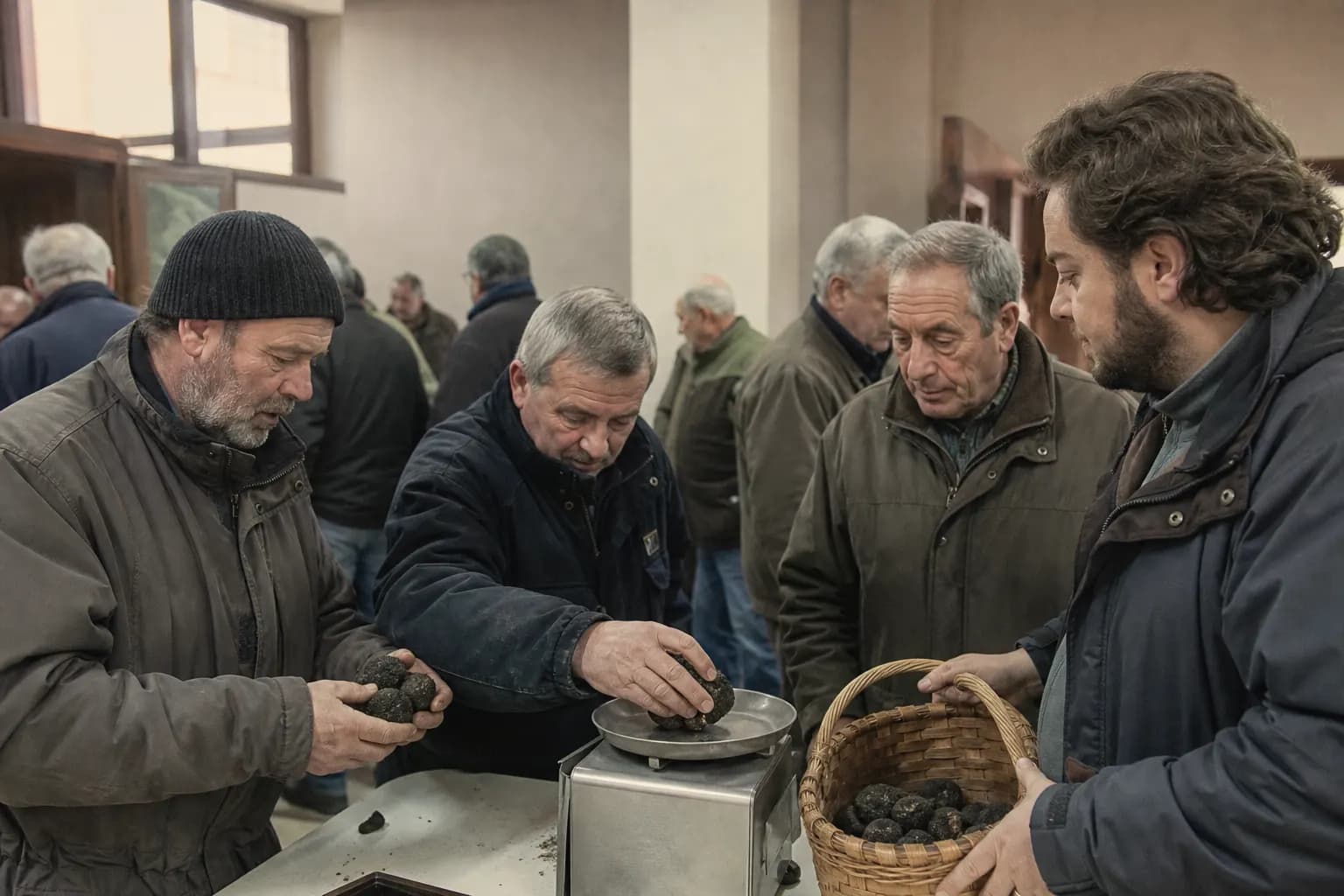 Buyers weigh black truffles at the Sarrión market as Rubén Gil looks on