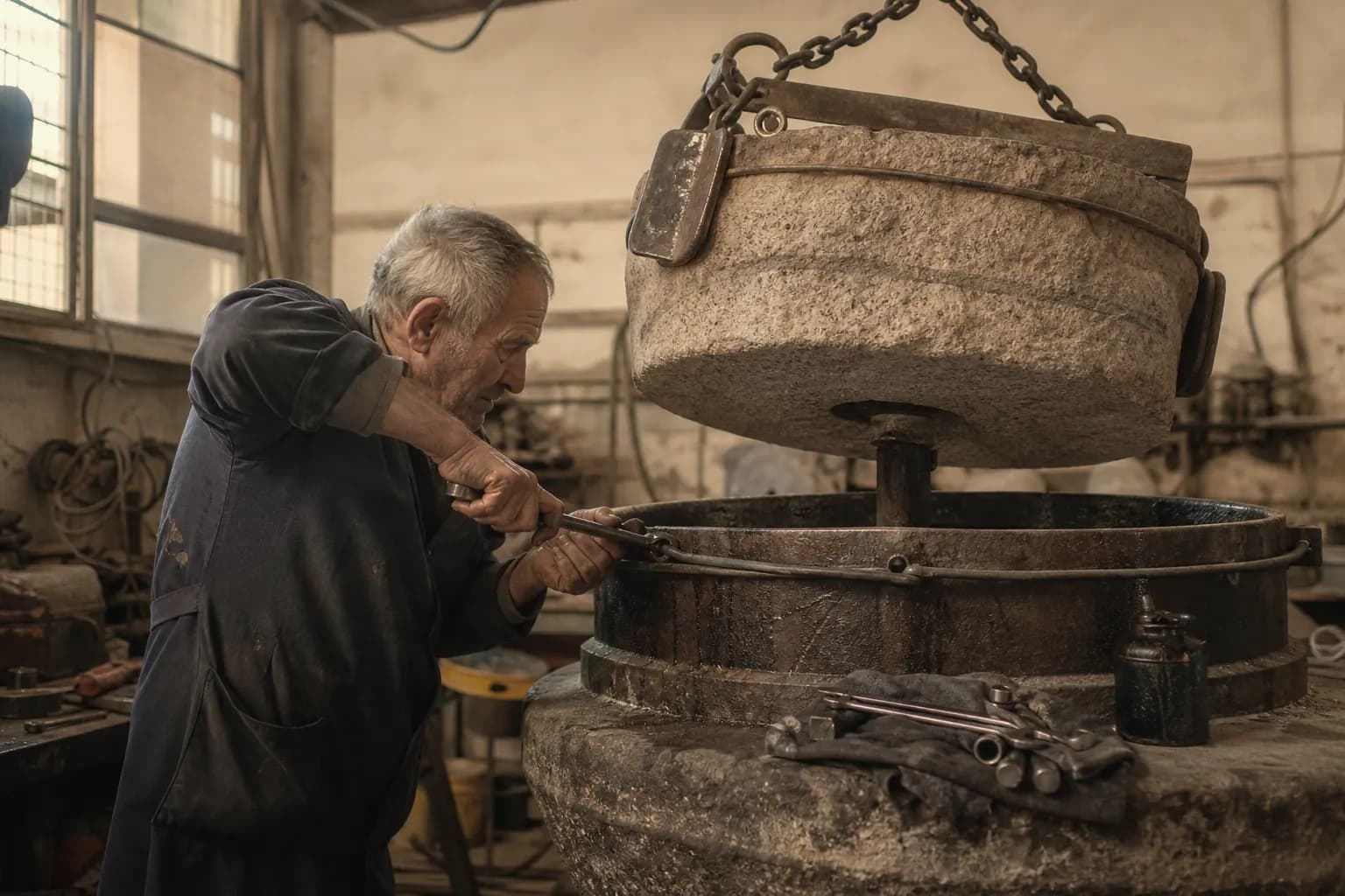 A mechanic repairs the old stone boixeta mill instead of replacing it