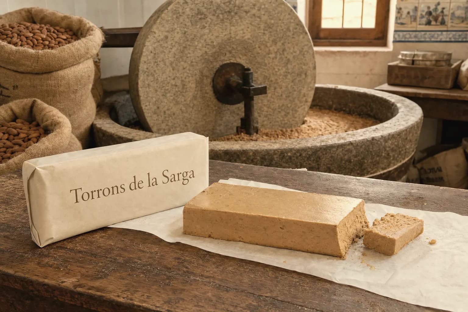 Tablet of Torrons de la Sarga Jijona turrón cut on the workshop counter