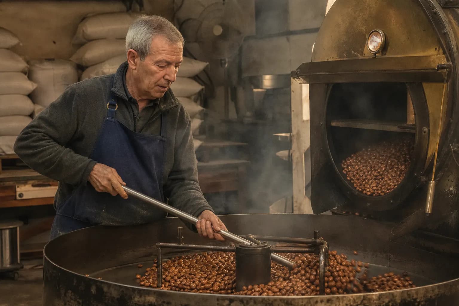 A worker roasts marcona almonds until they release their oil