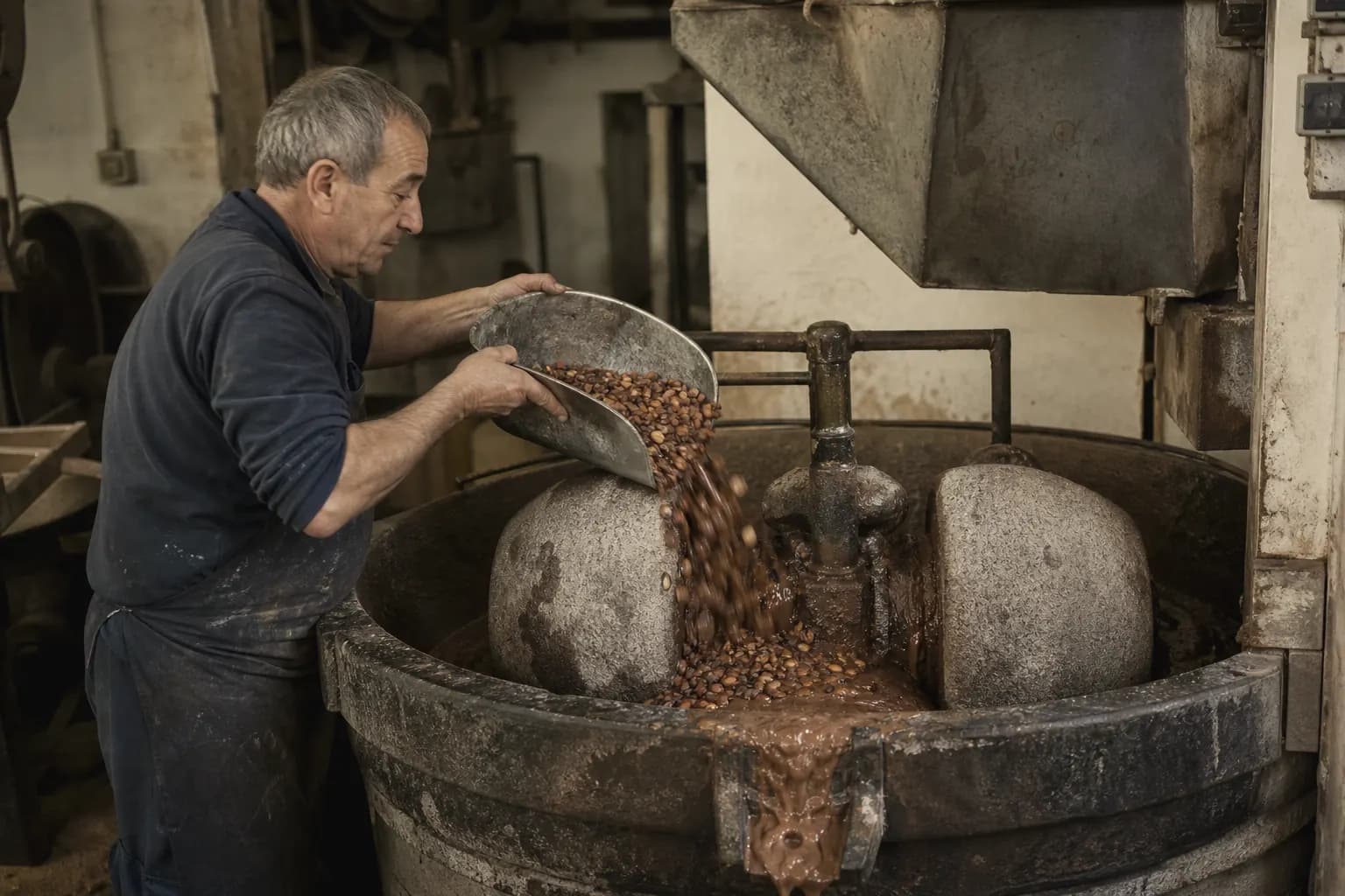 Enric Garrigós grinds almonds with honey and sugar in the stone boixeta mill