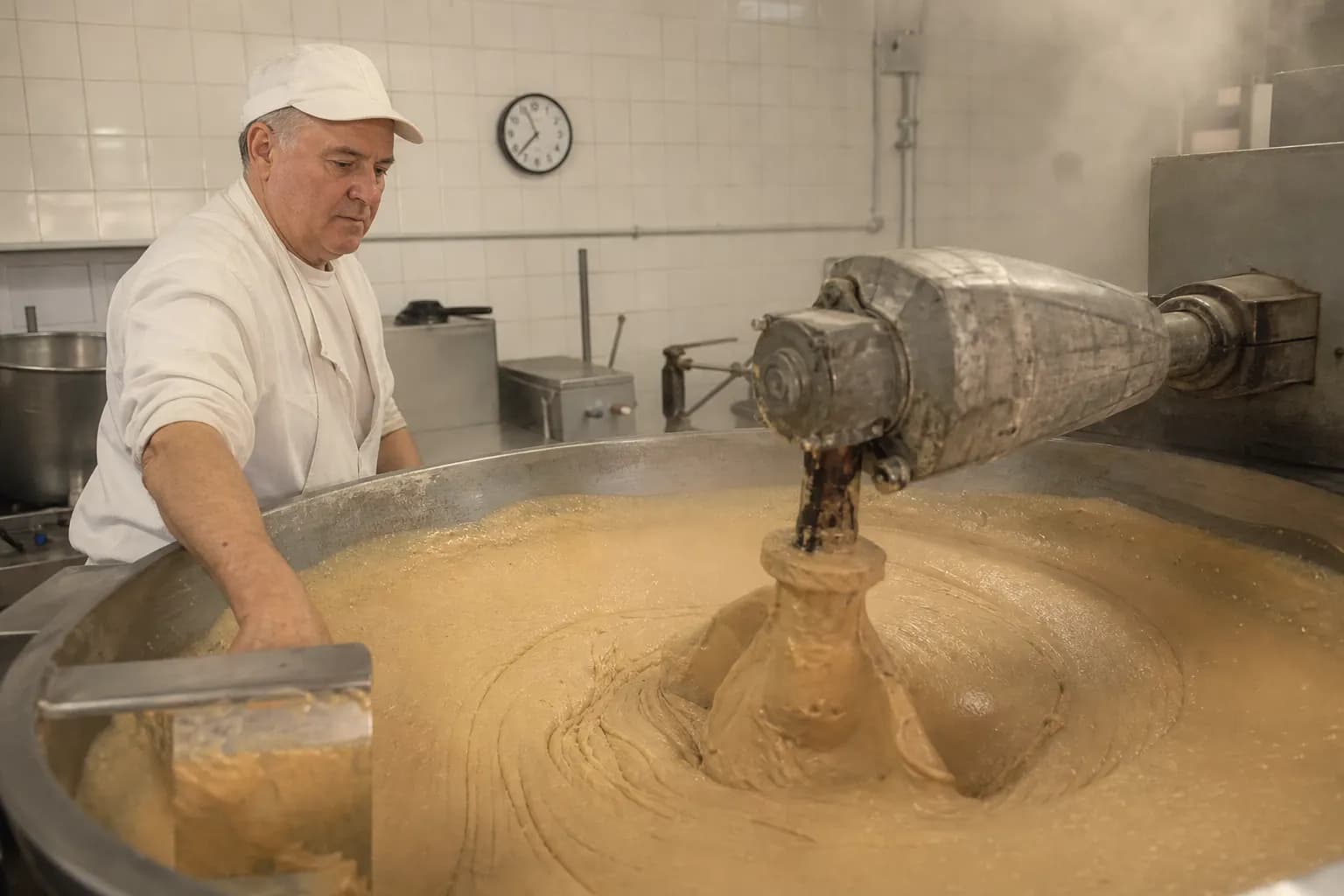 The turrón paste being beaten hot for hours
