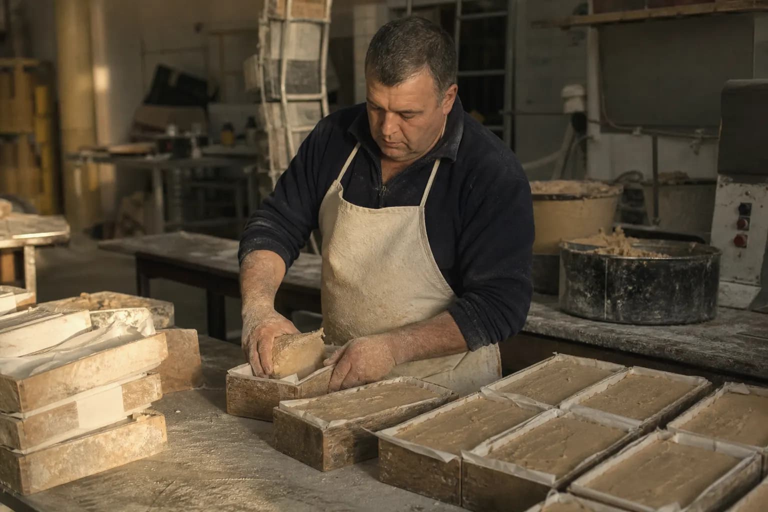 Enric Garrigós fills wooden moulds with turrón paste