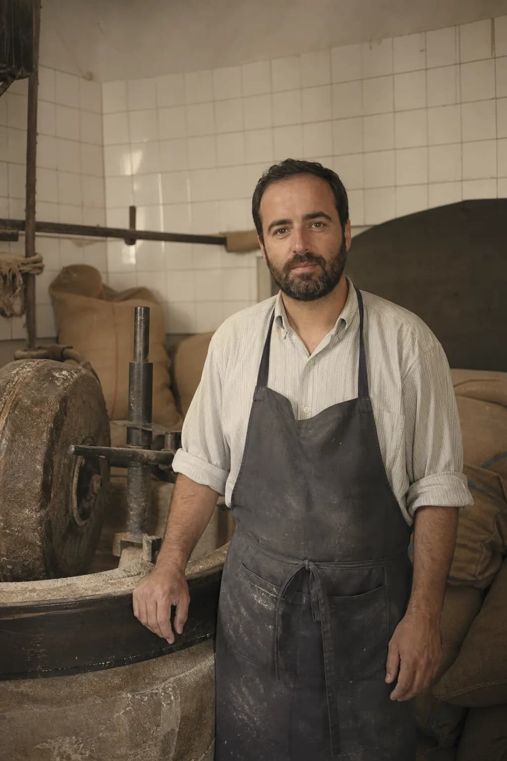 Enric Garrigós, aged 45, beside the stone mill in the Xixona workshop