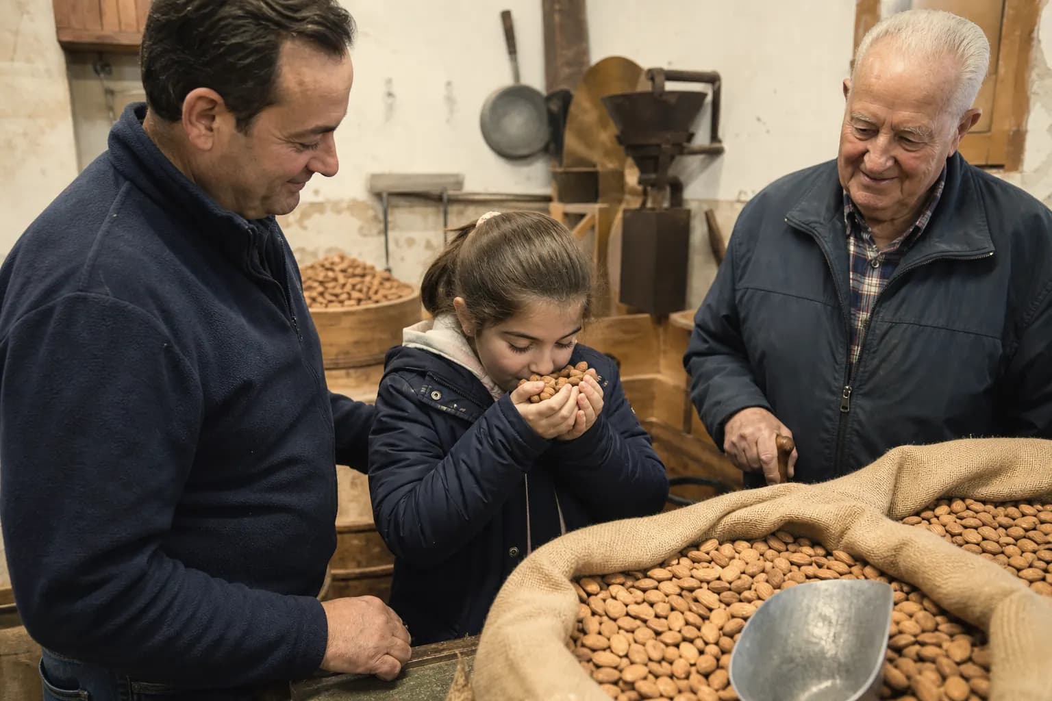 Enric Garrigós's daughter smells almonds as her father and grandfather watch