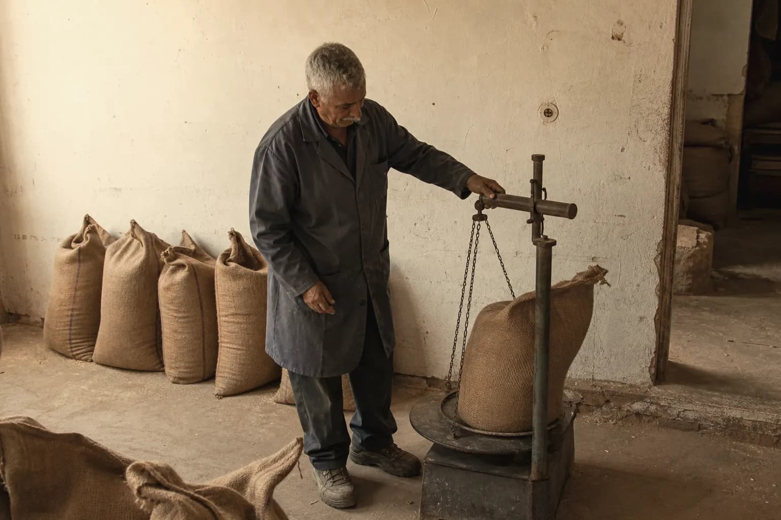 Enric Garrigós weighs the last sacks of almonds of the season