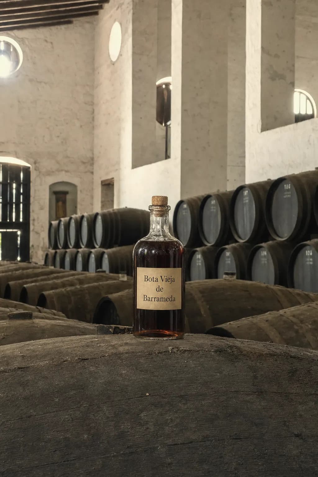 Bottle of Bota Vieja de Barrameda sherry vinegar on a cask in the bodega