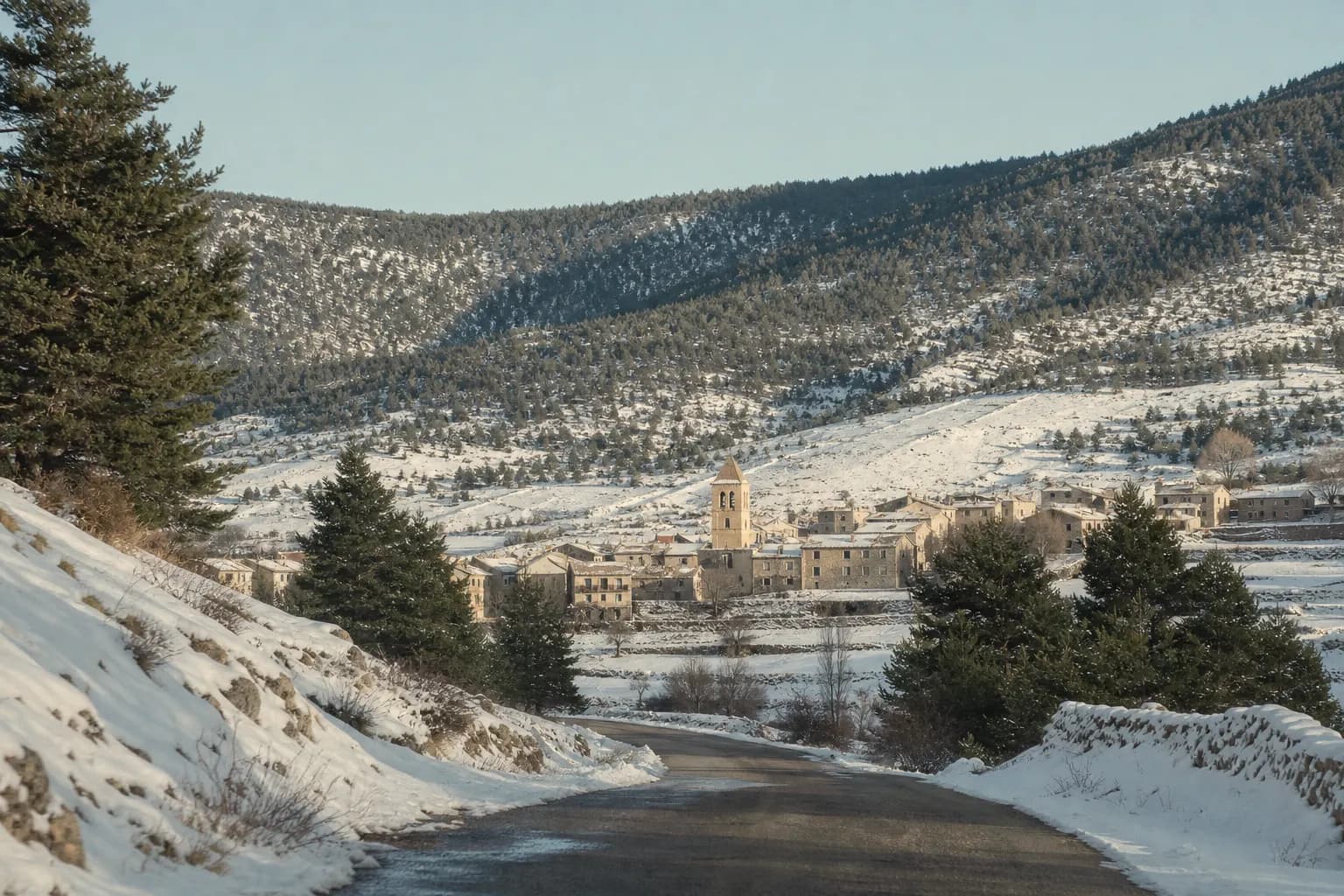 Snowy pine forest of the Sierra de Gúdar beside the village of Valdelinares