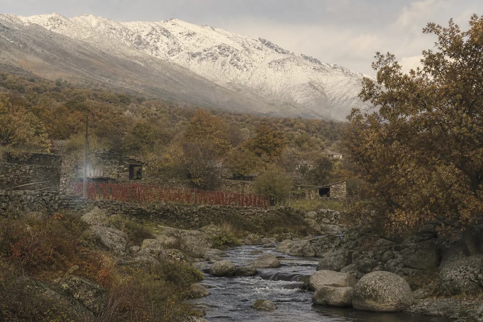 The La Vera valley with oak woods, a mountain stream and snowy Gredos behind