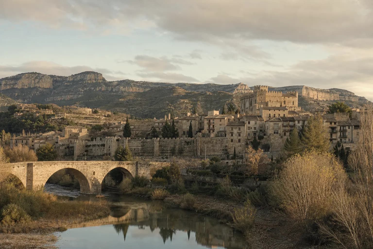 Valderrobres with its castle and stone bridge among the olive groves of the Matarraña