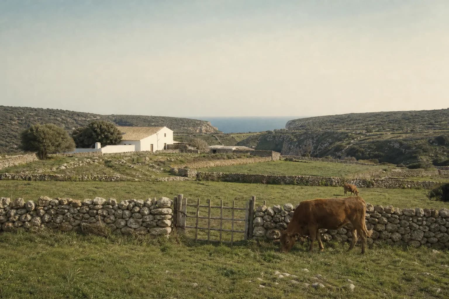 Fields with dry stone walls and cows near Es Migjorn Gran in Menorca