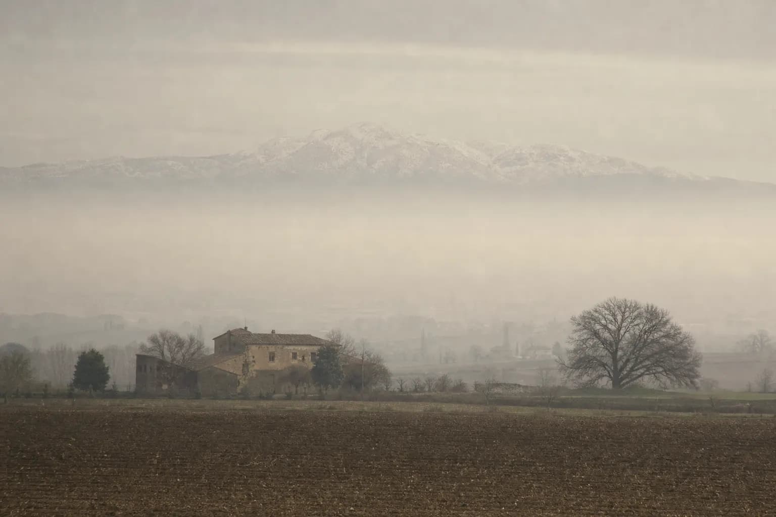 Fog over the fields and farmhouses of the Plana de Vic with the Montseny behind
